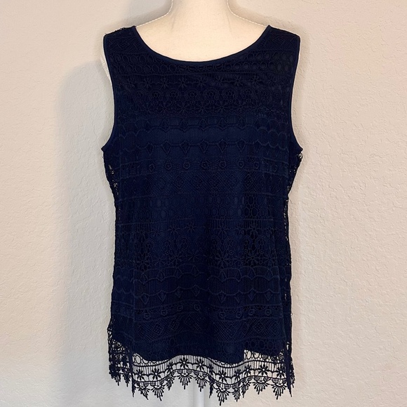 Adiva Tops - Adiva, Navy Blue Layered Lace Sleeveless Top, Size: M